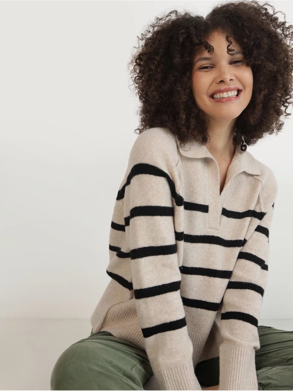 Cozy Cream and Black Striped Polo Sweater - Women's